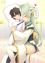 Rule 34 | 1girl, aqua hair, artist name, bed sheet, blurry, blush, brown eyes, character print, command spell, dakimakura (object), depth of field, fate/grand order, fate (series), female pervert, fujimaru ritsuka (male), hair ornament, heart, horns, indoors, japanese clothes, kimono, kiyohime (fate), long hair, long sleeves, minamura haruki, mouth hold, no panties, obi, hugging object, on bed, pelvic curtain, pervert, pillow, pillow hug, room, sash, sitting, smile, solo, thighhighs, translated, twitter username, white thighhighs, wide sleeves