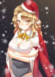 Rule 34 | 1girl, bell, blush, breasts, christmas, coat, coat on shoulders, corset, hat, houston (kancolle), kantai collection, large breasts, light brown hair, long hair, mayura (lucadia), military, military uniform, naval uniform, official alternate costume, orange eyes, pom pom (clothes), red coat, red hat, santa hat, solo, uniform, upper body
