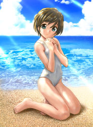 Rule 34 | 1girl, beach, blue sky, breasts, brown hair, cloud, commentary request, day, green eyes, own hands clasped, highres, kneeling, looking at viewer, nib pen (medium), ocean, one-piece swimsuit, original, outdoors, own hands together, short hair, sky, small breasts, solo, swimsuit, traditional media, unno hotaru, white one-piece swimsuit