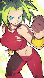 Rule 34 | 1girl, abs, artist name, blue eyes, breasts, clenched hand, collarbone, dragon ball, dragon ball super, earrings, green hair, hata4564, highres, jewelry, kefla (dragon ball), large breasts, looking at viewer, midriff, navel, pants, potara earrings, red pants, saiyan, short hair, smile, solo, standing, super saiyan, torn clothes