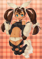Rule 34 | 1girl, :d, alternate color, animal ears, animal hands, aqua eyes, bare shoulders, black thighhighs, blush, breasts, brown hair, choker, cosplay, creatures (company), crop top, dark-skinned female, dark skin, elbow gloves, fake animal ears, fake tail, full body, game freak, gen 4 pokemon, gloves, halterneck, jewelry, long hair, looking at viewer, lopunny, lopunny (cosplay), low-tied long hair, mega lopunny, mega lopunny (cosplay), mega pokemon, midriff, navel, nintendo, open mouth, outline, paw shoes, pendant, plaid, plaid background, pokemon, pokemon xy, quad tails, rabbit ears, rabbit tail, scrunchie, shauna (pokemon), shiny skin, shoes, short shorts, shorts, skindentation, small breasts, smile, solo, tail, thighhighs, toranoe, torn clothes, torn thighhighs, turtleneck, twintails