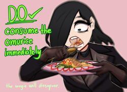 Rule 34 | 1girl, bags under eyes, black eyes, black hair, borrowed character, centurii-chan (artist), commentary, eating, english commentary, english text, food, formal, gloves, hair over one eye, highres, holding, holding plate, motion blur, omelet, omurice, original, plate, short hair, spoon, suit
