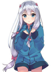 Rule 34 | 10s, 1girl, blue eyes, blush, bow, eromanga sensei, hair bow, izumi sagiri, jacket, long hair, looking at viewer, parted lips, pink bow, revision, ribbon, seki (l0410706268), silver hair, simple background, sleeves past wrists, solo, upper body, white background