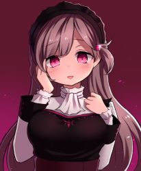 Rule 34 | 1girl, :d, black dress, black hairband, blush, breasts, brown hair, commentary request, dress, gradient background, hair ornament, hairband, hairclip, hand on own cheek, hand on own face, hands up, head tilt, highres, long hair, long sleeves, looking at viewer, medium breasts, neit ni sei, open mouth, original, parted bangs, pink eyes, purple background, shirt, side ponytail, smile, solo, upper body, white neckwear, white shirt