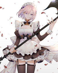 Rule 34 | 1girl, apron, axe, black dress, black ribbon, black thighhighs, blue eyes, breasts, cleavage, commentary request, cowboy shot, dress, frilled apron, frills, garter straps, gradient background, grey background, hair between eyes, head tilt, holding, holding axe, holding weapon, juliet sleeves, lazuri7, long sleeves, looking at viewer, maid, maid apron, maid headdress, neck ribbon, original, petals, petticoat, puffy sleeves, ribbon, short hair, silver hair, smile, solo, standing, thighhighs, thighs, weapon, white apron, white background, zettai ryouiki