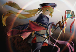 Rule 34 | 1girl, artoria caster (fate), artoria caster (second ascension) (fate), artoria pendragon (fate), back, belt, black pantyhose, black ribbon, blonde hair, blue belt, blue cape, blue hat, cape, closed mouth, commentary request, dress, fate/grand order, fate (series), floating hair, gold trim, green eyes, hair between eyes, hair ribbon, hat, highres, holding, holding staff, holding weapon, long hair, long sleeves, looking at viewer, looking back, pantyhose, red cape, ribbon, sheath, sheathed, short sword, sidelocks, smile, solo, staff, sword, tsujieiri, twintails, two-tone cape, very long hair, weapon, white dress