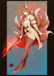 Rule 34 | 1girl, airi (floofytail), animal ears, belt, brown hair, brown tail, coat, commission, fire, fox ears, fox girl, fox tail, hair between eyes, highres, holding, holding sword, holding weapon, mabo9317, multiple tails, original, red eyes, shirt, short hair, solo, sword, tail, weapon