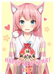 Rule 34 | 1girl, 2017, animal, animal ears, animal on shoulder, bag, bird, blue eyes, blush, cat ears, chicken, chinese zodiac, floral background, hakama, hakama skirt, happy new year, heart, high-waist skirt, highres, holding, japanese clothes, long hair, looking at viewer, new year, nontraditional miko, on shoulder, original, parted lips, pink hair, pleated skirt, red skirt, skirt, smile, solo, striped, striped sleeves, superpig, superpig (wlstjqdla), upper body, year of the rooster, yellow background