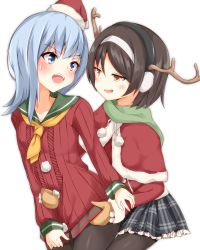 Rule 34 | &gt;:o, 10s, 2girls, :o, antlers, black hair, black legwear, blue eyes, blue hair, blush, brown eyes, capelet, clothes pull, fake horns, gloves, green scarf, hair ornament, hairband, hand on another&#039;s stomach, hat, hatsukaze (kancolle), horns, kantai collection, kuro-ra, long hair, long sleeves, looking back, mittens, multiple girls, open mouth, pantyhose, pleated skirt, reindeer antlers, ribbed sweater, santa costume, santa hat, scarf, short hair, simple background, skirt, smile, sweatdrop, sweater, sweater pull, tanikaze (kancolle), transparent background, v-shaped eyebrows, white background, yuri