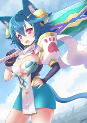 Rule 34 | 1girl, :d, animal ear fluff, animal ears, armor, breasts, cleavage, cloud, cloudy sky, commentary request, cowboy shot, crossed bangs, day, dress, fang, greatsword, hair between eyes, hair ornament, hand on own hip, hand up, holding, holding sword, holding weapon, krono tokage, looking at viewer, medium breasts, medium hair, open mouth, original, pink hair, scarf, sidelocks, sideways glance, signature, skin fang, sky, smile, solo, sword, tail, weapon, white dress, white scarf
