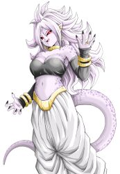 Rule 34 | 1girl, alternate color, android 21, arm warmers, baggy pants, bandeau, black nails, black sclera, bracelet, breasts, cleavage, colored sclera, colored skin, commentary, dragon ball, dragon ball fighterz, ear piercing, earrings, fingernails, highres, hoop earrings, jewelry, large breasts, long hair, majin android 21, midriff, navel, neck ring, open mouth, pants, piercing, pink hair, pointy ears, purple skin, red eyes, ring, sharp fingernails, smile, solo, tail, tongue, tongue out, youngjijii