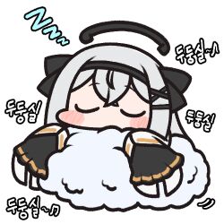 Rule 34 | blush, chibi, closed eyes, cloud, eversoul, frilled sleeves, frills, hair ribbon, headband, jazz jack, korean commentary, korean text, lowres, mephistopheles (eversoul), ribbon, squeans, sleeping, sleeves past fingers, sleeves past wrists, transparent background, two-tone dress, white hair, zzz