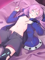 Rule 34 | 1girl, absurdres, arknights, blue eyes, blue hoodie, blue jacket, blue poison (arknights), blue poison (elite ii) (arknights), blush, commentary request, flat chest, frog girl, hair between eyes, highres, hood, hooded jacket, hoodie, ichi-go, jacket, looking at viewer, low twintails, lying, navel, on back, on bed, open clothes, open jacket, open mouth, pink hair, shorts, smile, solo, twintails