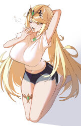 Rule 34 | 1girl, arms behind head, blonde hair, breasts, commentary, dolphin shorts, english commentary, highres, large breasts, long hair, mythra (xenoblade), one eye closed, open mouth, psidubs, shorts, simple background, solo, squeans, teeth, thigh strap, tongue, very long hair, white background, xenoblade chronicles (series), xenoblade chronicles 2, yawning, yellow eyes