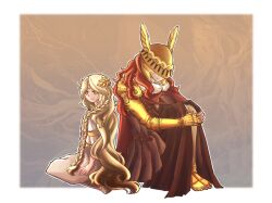 Rule 34 | 1boy, 1girl, :&gt;, :3, back-to-back, blonde hair, border, braid, brother and sister, brown background, circlet, dress, elden ring, helmet, highres, long hair, malenia blade of miquella, miqueliafantasia, miquella (elden ring), parted bangs, prosthesis, prosthetic arm, red hair, seiza, siblings, side braid, sitting, smile, trap, tree, very long hair, visor (armor), white border, white dress, winged helmet, yellow eyes