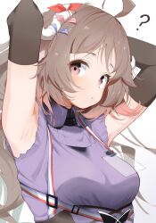 1girl ? absurdres adjusting_hair ahoge animal_ears arknights armpits arms_behind_head arms_up black_gloves blush breasts brown_hair closed_mouth collared_shirt commentary_request elbow_gloves expressionless eyjafjalla_(arknights) eyjafjalla_the_hvit_aska_(arknights) gloves highres horn_ornament horn_ribbon horns long_hair looking_at_viewer medium_breasts name_tag official_alternate_costume pcaccount13 presenting_armpit purple_shirt red_eyes ribbon sheep_ears sheep_girl sheep_horns shirt simple_background solo upper_body white_background wing_collar