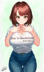 Rule 34 | 1girl, absurdres, blue pants, breasts, brown eyes, brown hair, cleavage, clothes writing, cowboy shot, denim, highres, jeans, large breasts, looking at viewer, nez-box, original, pants, shirt, short hair, short sleeves, smile, solo, standing, t-shirt, white shirt