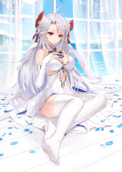 Rule 34 | 1girl, adapted costume, alternate costume, ankle ribbon, antenna hair, arm support, ass, azur lane, bare shoulders, beach, blue sky, blush, breasts, bridal gauntlets, bridal veil, brown eyes, cleavage, closed mouth, collarbone, cross, crossed legs, curtains, day, dress, flower, full body, garter straps, gloves, hair between eyes, hair ornament, hand on own chest, head tilt, headgear, highres, indoors, iron cross, large breasts, leg ribbon, liu lan, long hair, looking at viewer, multicolored hair, no bra, no shoes, petals, prinz eugen (azur lane), prinz eugen (symphonic fate) (azur lane), red hair, ribbon, rose, sand, see-through, sitting, sky, smile, solo, thighhighs, thighs, two side up, underwear, veil, very long hair, wedding dress, white dress, white flower, white gloves, white hair, white thighhighs, yokozuwari