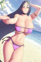 Rule 34 | 1girl, beach, breasts, fate/grand order, fate (series), highres, holding hands, large breasts, lvl (sentrythe2310), mature female, minamoto no raikou (fate), minamoto no raikou (fate/grand order), minamoto no raikou (swimsuit lancer) (fate), outstretched arm, purple hair, sand, smile, swimsuit