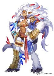 Rule 34 | 1girl, armor, bead bracelet, beads, bracelet, bracer, breasts, brown legwear, choker, cleavage, closed eyes, dark-skinned female, dark skin, dmm, facing viewer, feather hair ornament, feathers, full body, fur, glint, hair ornament, hands on own hips, jewelry, long hair, looking at viewer, medium breasts, monster girl, muscular, muscular female, official art, shoulder armor, simple background, smile, solo, tail, teeth, thigh strap, white background, white hair, yuba no shirushi, yuzu shio