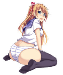Rule 34 | 1girl, ass, bad id, bad pixiv id, black thighhighs, blue eyes, blush, character request, from behind, hair ribbon, long hair, looking at viewer, no pants, open mouth, panties, peach88, ribbon, school uniform, serafuku, sitting, solo, striped clothes, striped panties, tears, thighhighs, underwear, wariza, white background