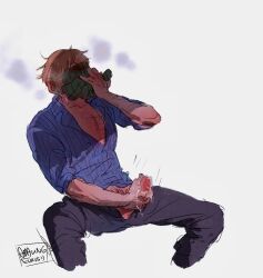 1boy artist_name black_pants blonde_hair blue_shirt breath clothed_masturbation covering_face cropped_legs cum feet_out_of_frame gogoose_(amazingeuuurus) grey_background highres invisible_chair long_sleeves male_masturbation masturbation motion_lines one_piece pants penis_out sanji_(one_piece) shirt short_hair simple_background sitting sleeves_rolled_up smelling_clothes solo spread_legs toned toned_male white_background yaoi