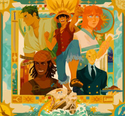 Rule 34 | 1girl, 4boys, bandana, black hair, black necktie, black suit, blonde hair, blue eyes, brown eyes, dark skin, earrings, food, formal, going merry, green hair, hat, highres, holding, holding tray, jewelry, medium hair, monkey d. luffy, multiple boys, nami (one piece), necktie, ocean, one piece, one piece (live action), open mouth, patterned background, pointing, red hair, red shirt, roronoa zoro, sandals, sanji (one piece), ship, shirt, short hair, sleeveless, sleeveless shirt, smile, spearmintaii, straw hat, suit, sword, teeth, tray, usopp, watercraft, weapon, white shirt