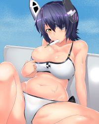 Rule 34 | 10s, 1girl, adjusting clothes, adjusting swimsuit, blush, breasts, cleavage, eyepatch, food, headgear, highres, kantai collection, large breasts, looking at viewer, maki ikazuya, navel, plump, popsicle, purple hair, revision, short hair, solo, swimsuit, tenryuu (kancolle), yellow eyes