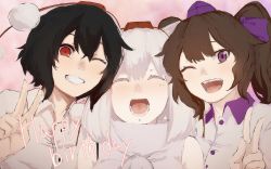 Rule 34 | 3girls, ;), ;d, ^ ^, animal ears, bare shoulders, birthday, black hair, brown hair, buttons, closed eyes, collared shirt, commentary, detached sleeves, grin, hair between eyes, happy birthday, hat, highres, himekaidou hatate, inubashiri momiji, looking at viewer, multiple girls, one eye closed, open mouth, pink background, pom pom (clothes), purple eyes, purple hat, red eyes, red hat, shameimaru aya, shirt, short hair, smile, terimayo, text focus, tokin hat, touhou, twintails, v, white hair, white shirt, wolf ears
