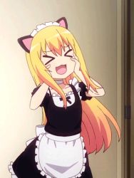 Rule 34 | &gt; &lt;, 1girl, :3, :d, animal ears, animated, animated gif, blonde hair, cat ears, choker, gabriel dropout, hands on own face, long hair, maid, maid headdress, open mouth, smile, solo, swaying, gabriel tenma white
