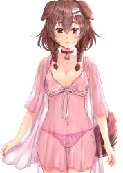 Rule 34 | 1girl, :3, animal collar, animal ears, bone hair ornament, bow, braid, breasts, brown eyes, brown hair, brown tail, cartoon bone, cleavage, collar, dog ears, dog girl, dog tail, hair ornament, hairclip, highres, hololive, inugami korone, kntrs (knyrs), lingerie, looking at viewer, low twin braids, medium breasts, nail polish, navel, negligee, nightgown, ough, panties, parted, parted lips, red collar, red nails, see-through, shiny skin, side braids, simple background, solo, tail, twin braids, underwear, virtual youtuber, white background
