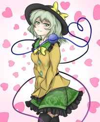 Rule 34 | 1girl, black hat, blush, bow, bowtie, buttons, collar, cowboy shot, eyeball, floral print, frilled collar, frills, green eyes, green hair, hat, hat bow, hat ribbon, heart, heart of string, jacket, jpeg artifacts, komeiji koishi, long sleeves, looking at viewer, looking to the side, matching hair/eyes, open mouth, pan-ooh, ribbon, short hair, skirt, smile, solo, string, thighhighs, third eye, touhou, upper body, yellow bow, yellow bowtie, yellow jacket, zettai ryouiki