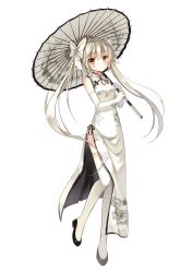 Rule 34 | 1girl, ahoge, alternate costume, black footwear, blonde hair, blush, bow, china dress, chinese clothes, cleavage cutout, clothing cutout, dragon print, dress, expressionless, eyebrows, full body, gloves, hair bow, highres, holding, holding umbrella, jiji (381134808), kasugano sora, knees together feet apart, long hair, looking at viewer, oil-paper umbrella, pelvic curtain, shoes, silver hair, simple background, sleeveless, solo, standing, standing on one leg, thighhighs, twintails, umbrella, very long hair, white background, white bow, white dress, white gloves, white theme, white thighhighs, yosuga no sora
