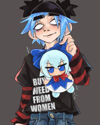 Rule 34 | 1boy, bags under eyes, black shirt, blue hair, blue pants, bow, character doll, cirno, commentary, cowboy shot, crossover, denim, doll, english commentary, fumo (doll), gorillaz, grey background, highres, holding, holding bow (ornament), holding doll, jeans, kecchi0, layered sleeves, long sleeves, looking at viewer, male focus, no pupils, open mouth, pants, shirt, short hair, short over long sleeves, short sleeves, simple background, smile, solo, stuart pot, swept bangs, touhou
