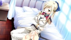 Rule 34 | 1girl, bed, blonde hair, game cg, kimishima ao, otome ga tsumugu koi no canvas, pillow, ribbon, shishidou chiharu, sword, weapon, wink