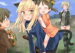 Rule 34 | 1boy, 3girls, animal ears, aohashi ame, black jacket, black legwear, black neckwear, black ribbon, blonde hair, blue jacket, blue sky, blush, braid, brown eyes, brown hair, brown sweater, carrying, cat ears, cat tail, child, cloud, cloudy sky, day, dress, dress shirt, glasses, grass, grey legwear, hair ribbon, holding, holding wreath, jacket, leaning forward, light blush, light brown hair, long sleeves, looking at another, looking at viewer, lynette bishop, military, military uniform, multiple girls, necktie, no pants, open clothes, open jacket, open mouth, orange dress, outdoors, pantyhose, perrine h. clostermann, piggyback, ribbon, shirt, short sleeves, short twintails, single braid, sky, smile, standing, strike witches, striped clothes, striped legwear, striped thighhighs, sweater, tail, thighhighs, twintails, uniform, v-neck, white shirt, world witches series, wreath