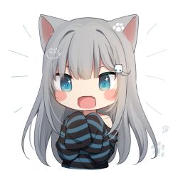 Rule 34 | 1girl, :d, amashiro natsuki, animal ears, bare shoulders, blue eyes, blush stickers, cat ears, chibi, commentary request, cropped torso, eyebrows hidden by hair, fang, grey hair, hair ornament, highres, long hair, looking at viewer, nachoneko, off-shoulder shirt, off shoulder, open mouth, original, shirt, simple background, smile, solo, sparkle, sparkling eyes, striped clothes, striped shirt, upper body, very long hair, white background
