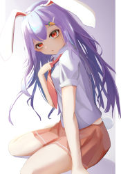 Rule 34 | 1girl, :/, absurdres, animal ears, arm support, berserker r, breasts, carrot hair ornament, closed mouth, collared shirt, commentary request, eyebrows hidden by hair, food-themed hair ornament, gradient background, grey background, hair ornament, hand up, highres, long hair, looking at viewer, medium breasts, midriff peek, necktie, necktie grab, neckwear grab, pillarboxed, pink skirt, purple hair, rabbit ears, rabbit tail, red eyes, red necktie, reisen udongein inaba, shirt, simple background, sitting, skirt, sleeves rolled up, solo, tail, thighs, touhou, very long hair, wariza, white shirt, wing collar