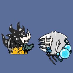 Rule 34 | 2others, black eyes, black skin, blank eyes, blue cloak, broken vessel (hollow knight), chain, cloak, colored skin, eye contact, full body, green cloak, hollow eyes, hollow knight, knight (hollow knight), looking at another, multiple others, nail (hollow knight), other focus, plant, planted, sakana 2-gou, standing, vines