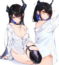 Rule 34 | 1girl, absurdres, asymmetrical horns, bare shoulders, black choker, black hair, black thighhighs, blue nails, blush, bottomless, breasts, choker, cleavage, collarbone, collared shirt, colored inner hair, demon horns, dress shirt, from behind, full body, heavy breathing, highres, hololive, hololive english, horns, keisea, large breasts, long hair, looking at viewer, looking back, mole, mole under eye, multicolored hair, multiple views, nail polish, naked shirt, nerissa ravencroft, no bra, no panties, open clothes, open shirt, red eyes, shirt, simple background, single thighhigh, sitting, sleeves past wrists, slit pupils, thick thighs, thigh strap, thighhighs, thighs, very long hair, virtual youtuber, wariza, white background, white shirt