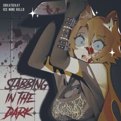 Rule 34 | absurdres, album cover, animal ears, black shirt, blood, blood on face, blood splatter, blue eyes, brown hair, cover, dilated pupils, english text, ghost (tama), highres, knife, long hair, open mouth, original, parody, shirt, sparkle, upper body, wolf ears, wolf girl
