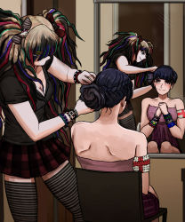 Rule 34 | 2girls, alternate color, alternate costume, alternate hair color, alternate hairstyle, bare shoulders, beads, black skirt, black thighhighs, blonde hair, blush, bow, breasts, cat hair ornament, chair, cleavage, closed mouth, collarbone, danganronpa: trigger happy havoc, danganronpa (series), danganronpa 2: goodbye despair, door, dress, enoshima junko, female focus, gradient dress, gradient hair, green hair, hair bow, hair ornament, hairstyle request, hands up, highres, long hair, mirror, multicolored background, multicolored clothes, multicolored dress, multicolored hair, multicolored legwear, multicolored skirt, multicolored stripes, multicolored thighhighs, multicolored wristband, multiple girls, on chair, pleated dress, purple dress, purple eyes, purple hair, red bow, red hair, reflection, short sleeves, shoulder blades, sitting, skirt, smile, sol--lux, standing, striped, striped bow, styling hair, tagme, thighhighs, tsumiki mikan, twintails, white thighhighs, yuri