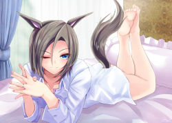 Rule 34 | 1girl, ;), air groove (umamusume), animal ears, barefoot, bed, black hair, blue eyes, closed mouth, collarbone, collared shirt, commentary request, curtains, dress shirt, frilled pillow, frills, glint, hair between eyes, horse ears, horse girl, horse tail, jewelry, legs up, long sleeves, looking at viewer, lying, naked shirt, on stomach, one eye closed, parted bangs, pillow, ring, shirt, smile, soles, solo, tail, the pose, umamusume, v-shaped eyebrows, wedding band, white shirt, window, yumibakama meme