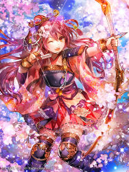 Rule 34 | 1girl, ;d, armor, arrow (projectile), black thighhighs, bow, bow (weapon), bracelet, breastplate, floating hair, floral print, frilled skirt, frills, hair between eyes, hair bow, hair ornament, high ponytail, holding, holding arrow, holding bow (weapon), holding weapon, japanese clothes, jewelry, kimono, long hair, miniskirt, official art, one eye closed, open mouth, pink hair, pink kimono, pleated skirt, print kimono, purple bow, red eyes, red skirt, rioka (southern blue sky), seisen cerberus, skirt, smile, solo, standing, thighhighs, very long hair, weapon, wide sleeves