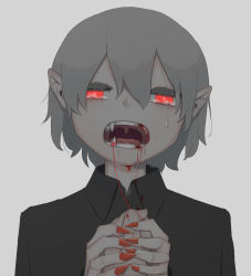 Rule 34 | 1boy, 1other, absurdres, avogado6, black shirt, blood, bright pupils, collared shirt, commentary request, crying, fangs, grey hair, highres, looking at viewer, missing tooth, open mouth, original, pointy ears, pov, pov hands, red eyes, shirt, simple background, tears, tooth pulling, upper body, vampire, white background, wing collar