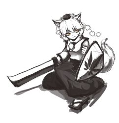 Rule 34 | 1girl, animal ears, bad id, bad pixiv id, breasts, detached sleeves, fang, geta, hat, holding, holding sword, holding weapon, inubashiri momiji, looking to the side, mo ne, monochrome, pom pom (clothes), serious, shield, short hair, sketch, sleeveless, small breasts, solo, spot color, squatting, sword, tabi, tail, tokin hat, touhou, weapon, wolf ears, wolf tail