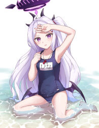 Rule 34 | 1girl, :d, ahoge, arm up, armpits, bare legs, barefoot, beach, blue archive, collarbone, commentary request, demon girl, demon horns, demon wings, feet, halo, hand on own head, highres, hina (blue archive), hina (swimsuit) (blue archive), horns, in water, legs, long hair, looking at viewer, machikado, name tag, ocean, official alternate costume, official alternate hairstyle, old school swimsuit, one side up, open mouth, outdoors, parted bangs, parted lips, purple eyes, school swimsuit, shallow water, sidelocks, simple background, sitting, sleeveless, smile, solo, swimsuit, toenails, toes, wariza, water, wavy hair, whistle, whistle around neck, white background, white hair, wings