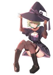 Rule 34 | 1girl, angelchama, black capelet, black dress, black footwear, black nails, boots, breasts, capelet, ceres fauna, ceres fauna (goth), choker, cleavage, detached sleeves, dress, fishnet sleeves, fishnet thighhighs, fishnets, green hair, hair over one eye, hat, heart o-ring, highres, hololive, hololive english, large breasts, looking at viewer, mole, mole under eye, nail polish, o-ring, o-ring choker, official alternate costume, short hair, smile, solo, thigh strap, thighhighs, virtual youtuber, white background, witch hat, yellow eyes