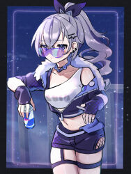 Rule 34 | 1girl, black border, border, can, choker, collarbone, commentary request, cowboy shot, crop top, cropped jacket, fingerless gloves, gloves, grey hair, hair ribbon, highres, holding, holding can, honkai: star rail, honkai (series), jacket, long hair, looking at viewer, midriff, navel, off shoulder, outside border, ponytail, poponnu, purple eyes, purple gloves, purple jacket, purple ribbon, purple shorts, ribbon, shirt, short shorts, shorts, silver wolf (honkai: star rail), single-shoulder shirt, single bare shoulder, single strap, solo, standing, stomach, sunglasses, thigh strap, thighs, white shirt