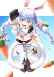 Rule 34 | 1girl, :d, absurdres, animal ear fluff, animal ears, arm up, black gloves, blue hair, blush, breasts, bridal garter, brown pantyhose, carrot, carrot hair ornament, commentary request, detached sleeves, don-chan (usada pekora), dress, food-themed hair ornament, fur-trimmed dress, fur trim, gloves, hair between eyes, hair ornament, highres, hololive, jumping, long hair, looking at viewer, multicolored hair, open mouth, outstretched arm, pantyhose, rabbit ears, red eyes, short eyebrows, short sleeves, smile, solo, strapless, strapless dress, thick eyebrows, two-tone hair, uetaku, usada pekora, usada pekora (1st costume), virtual youtuber, white dress, white hair